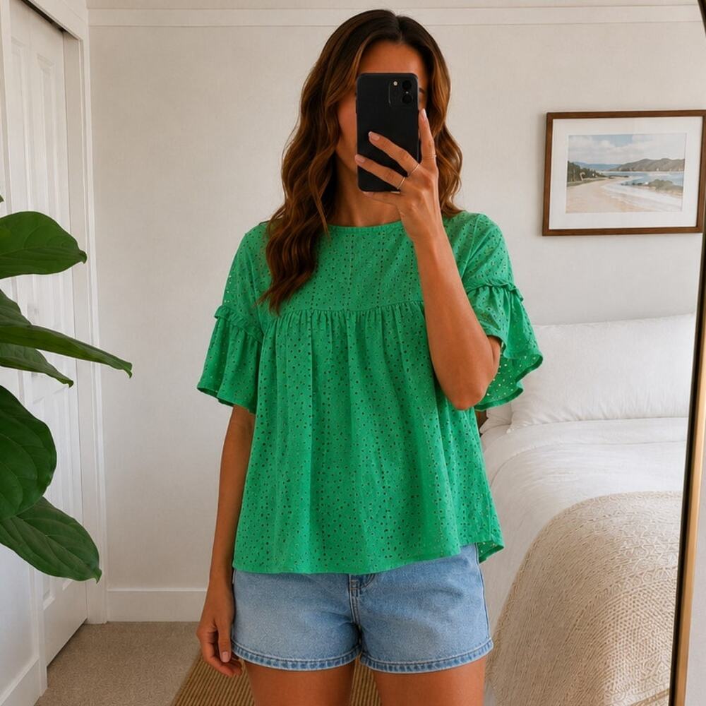 Calligraphie Kelly Green Eyelet Blouse Top Sz S